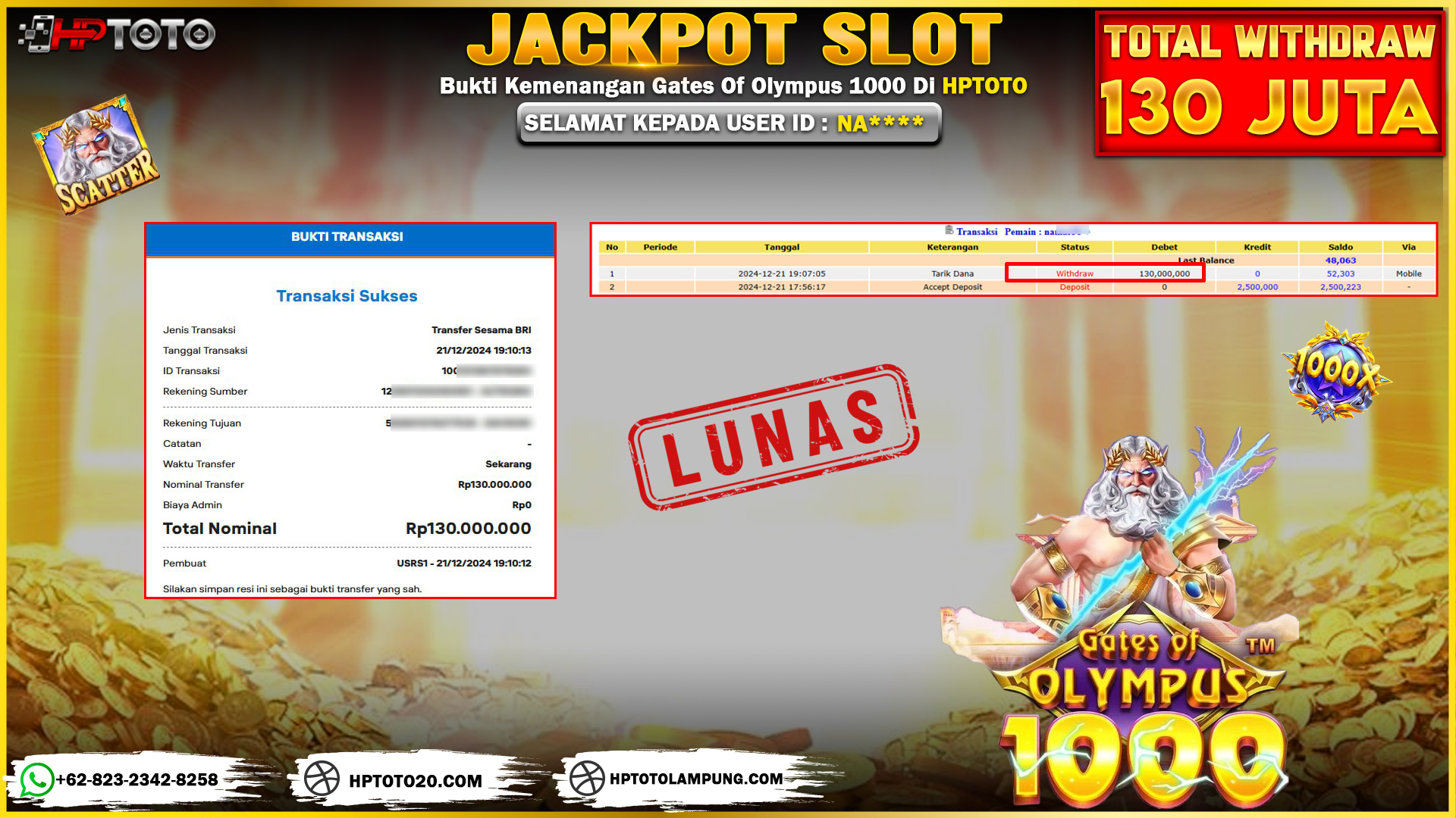  HPTOTO JACKPOT GATES OF OLYMPUS 1000 RP. 130.000.000,- LUNAS