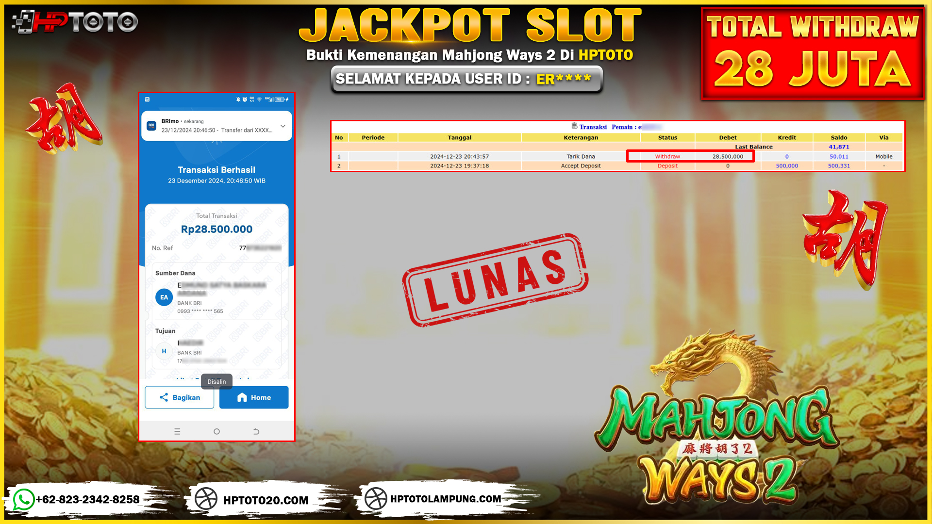  HPTOTO JACKPOT MAHJONG WAYS 2 RP. 28.500.000,- LUNAS