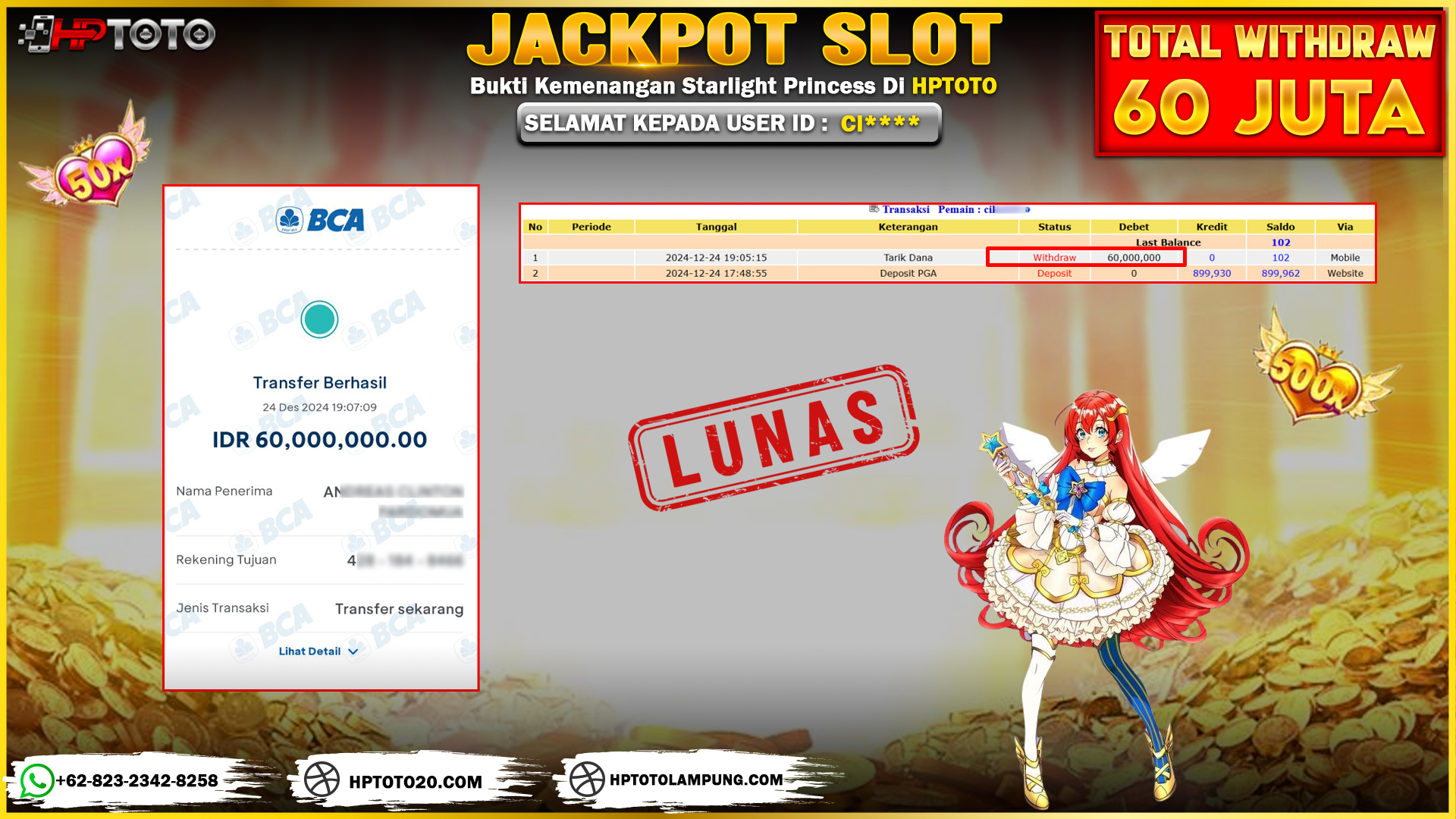  HPTOTO JACKPOT STARLIGHT PRINCESS RP. 60.000.000,- LUNAS