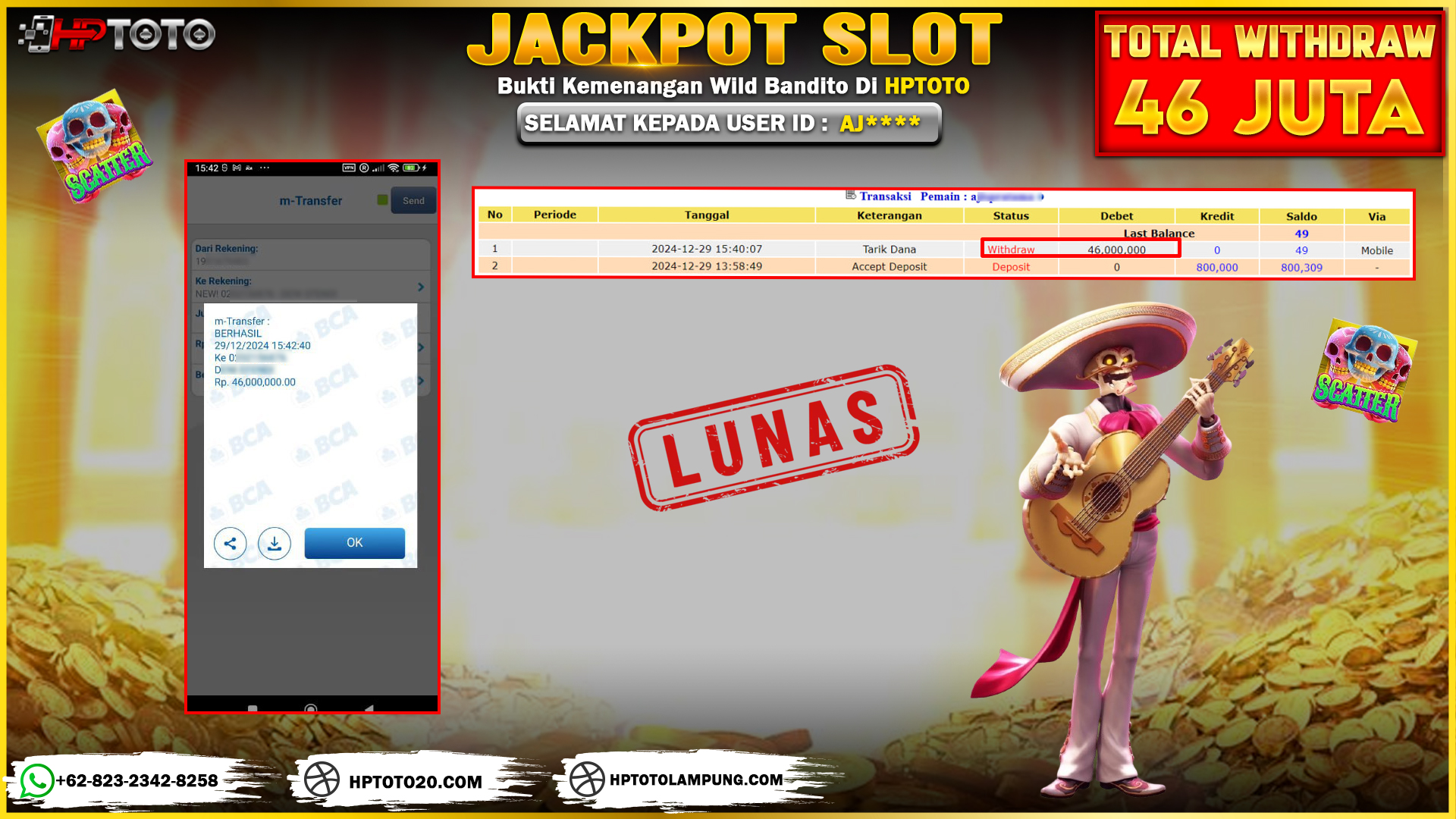  HPTOTO JACKPOT WILD BANDITO RP. 46.000.000,- LUNAS