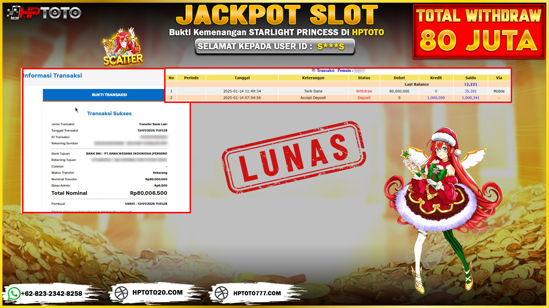  HPTOTO JACKPOT STARLIGHT PRINCESS RP. 80.000.000,- LUNAS