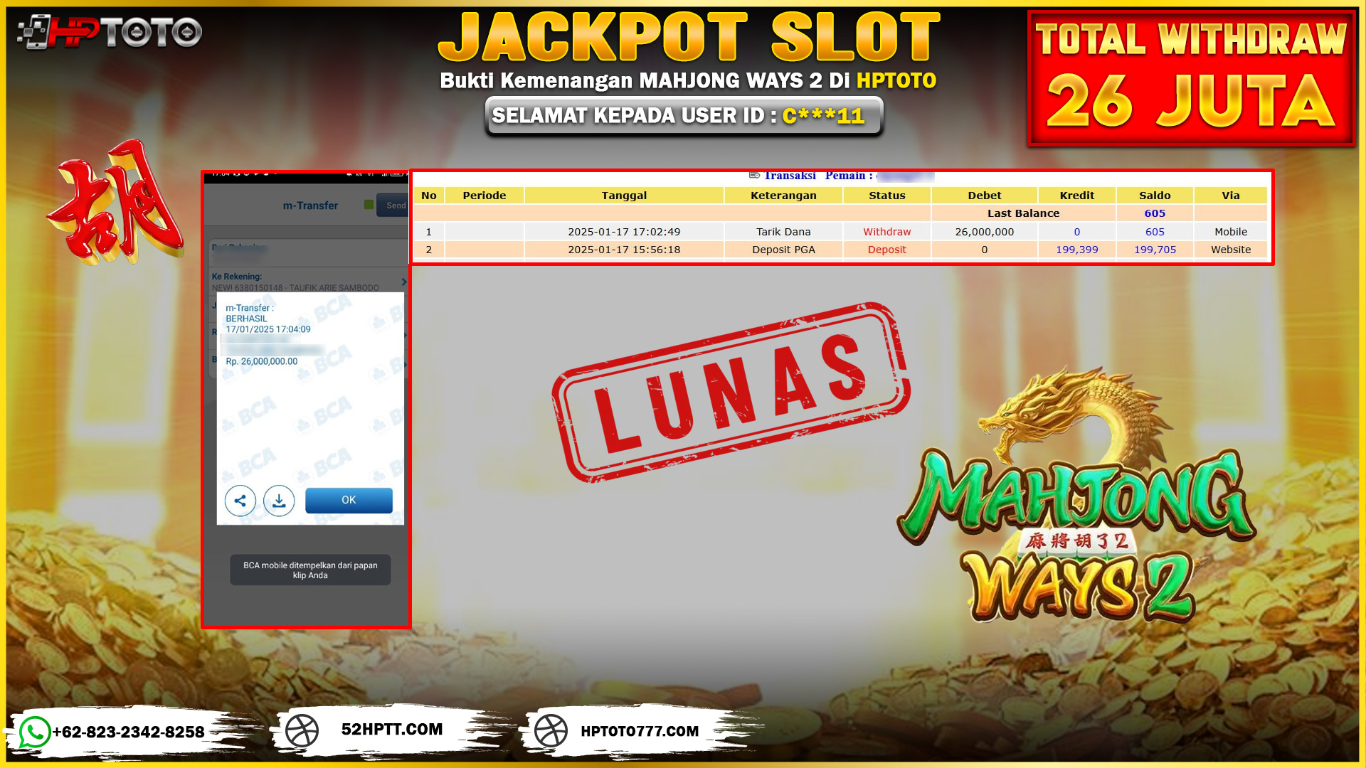  HPTOTO JACKPOT MAHJONG WAYS 2 RP. 26.000.000,- LUNAS