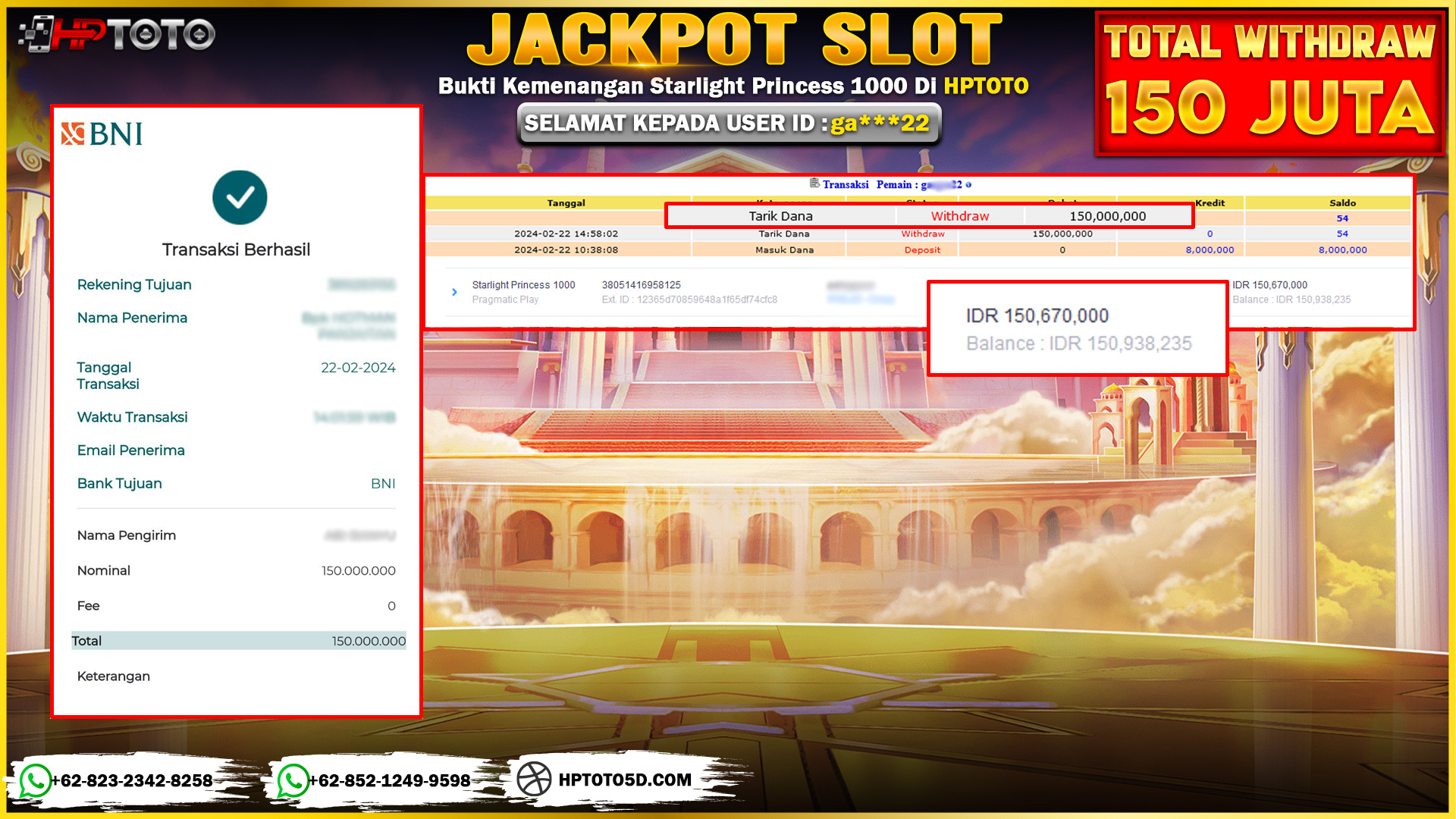 HPTOTO JACKPOT STARLIGHT PRINCESS 1000 RP.150.000.000,- LUNAS