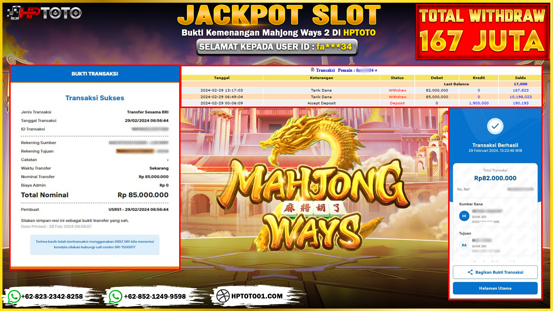 HPTOTO JACKPOT MAHJONG WAYS 2 RP.167.000.000,- LUNAS
