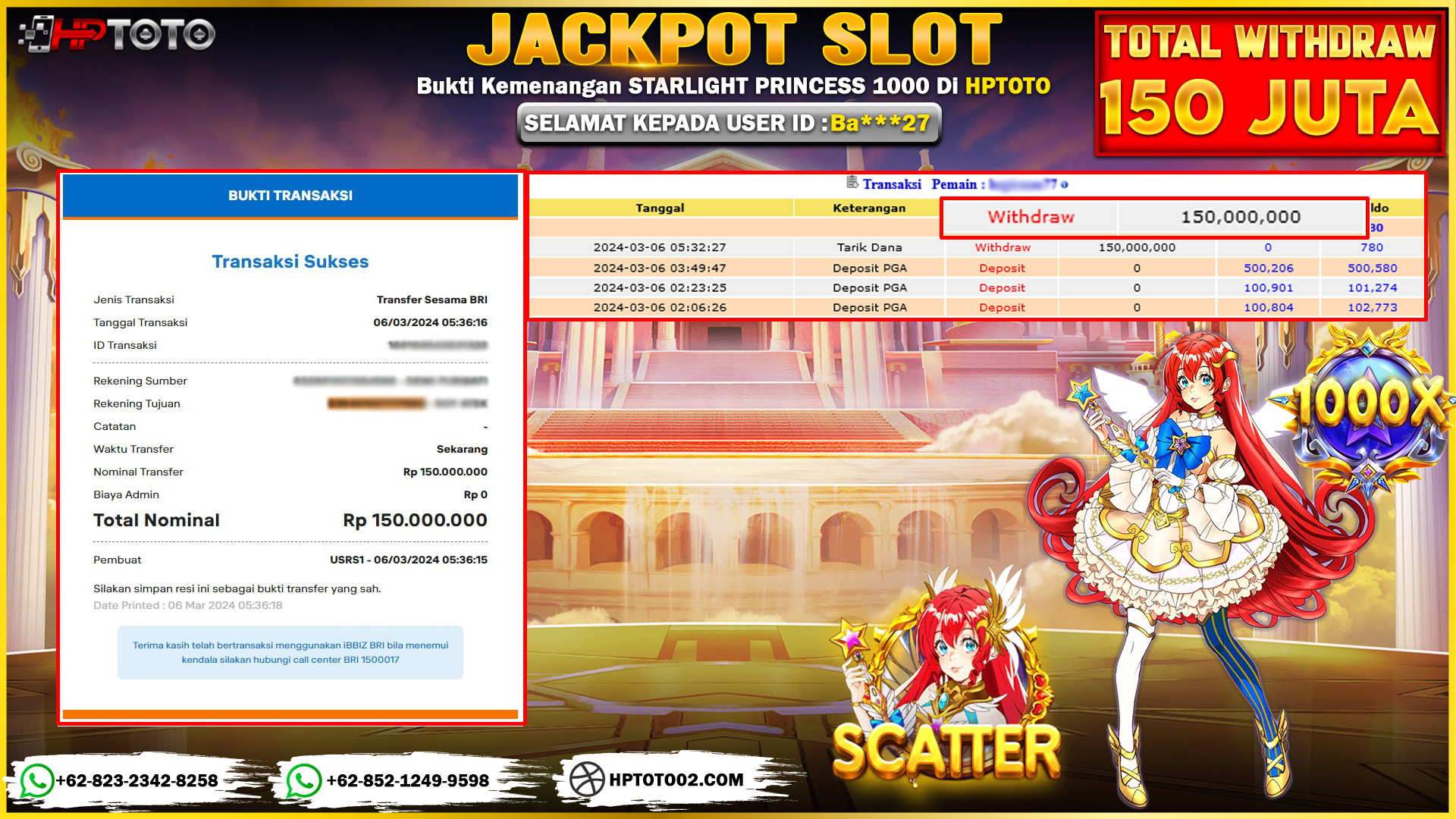 HPTOTO JACKPOT STARLIGHT PRINCESS 1000 RP.150.000.000,- LUNAS