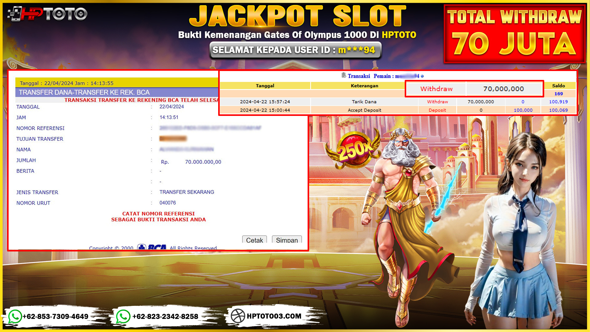 HPTOTO JACKPOT GATES OF OLYMPUS 1000 RP.70.000.000,- LUNAS