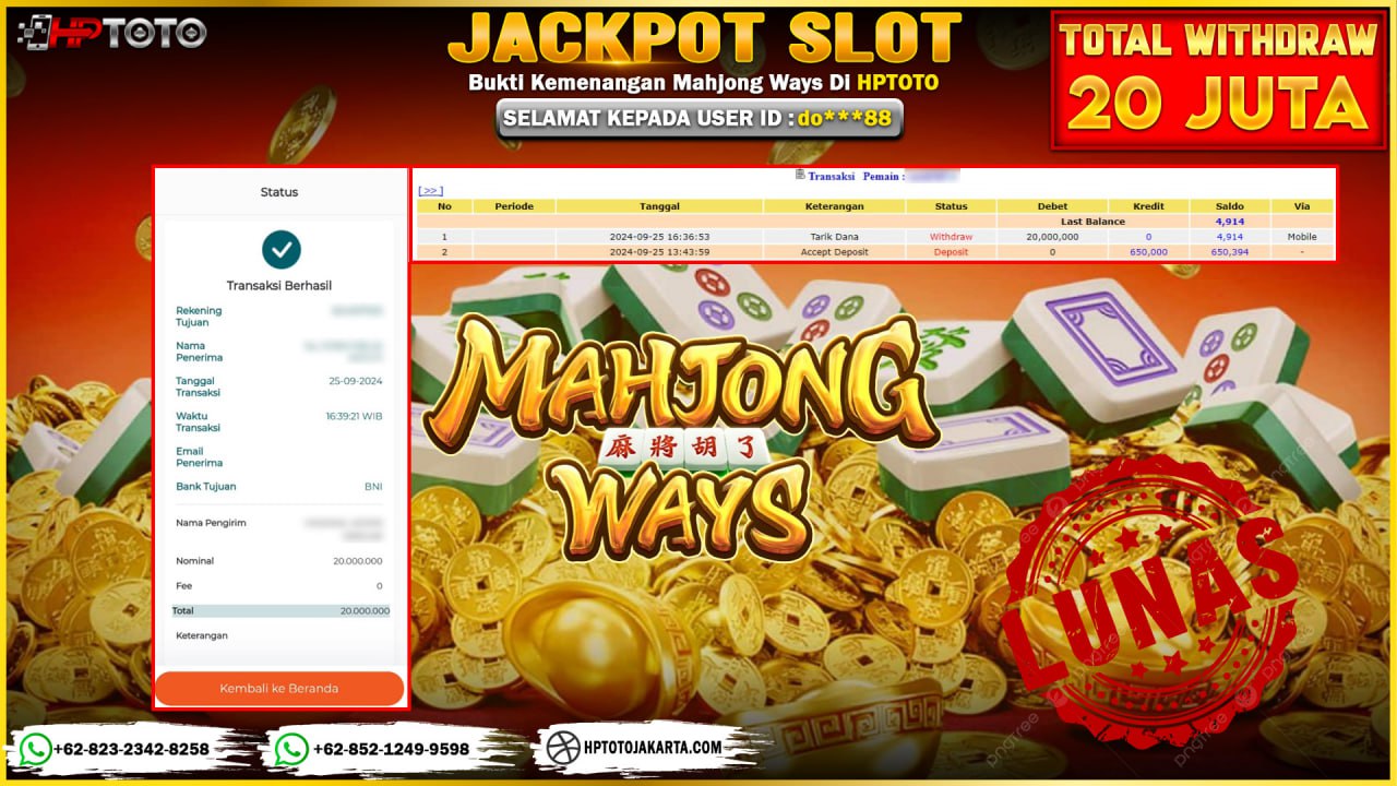  HPTOTO JACKPOT MAHJONG WAYS RP.20.000.000,- LUNAS