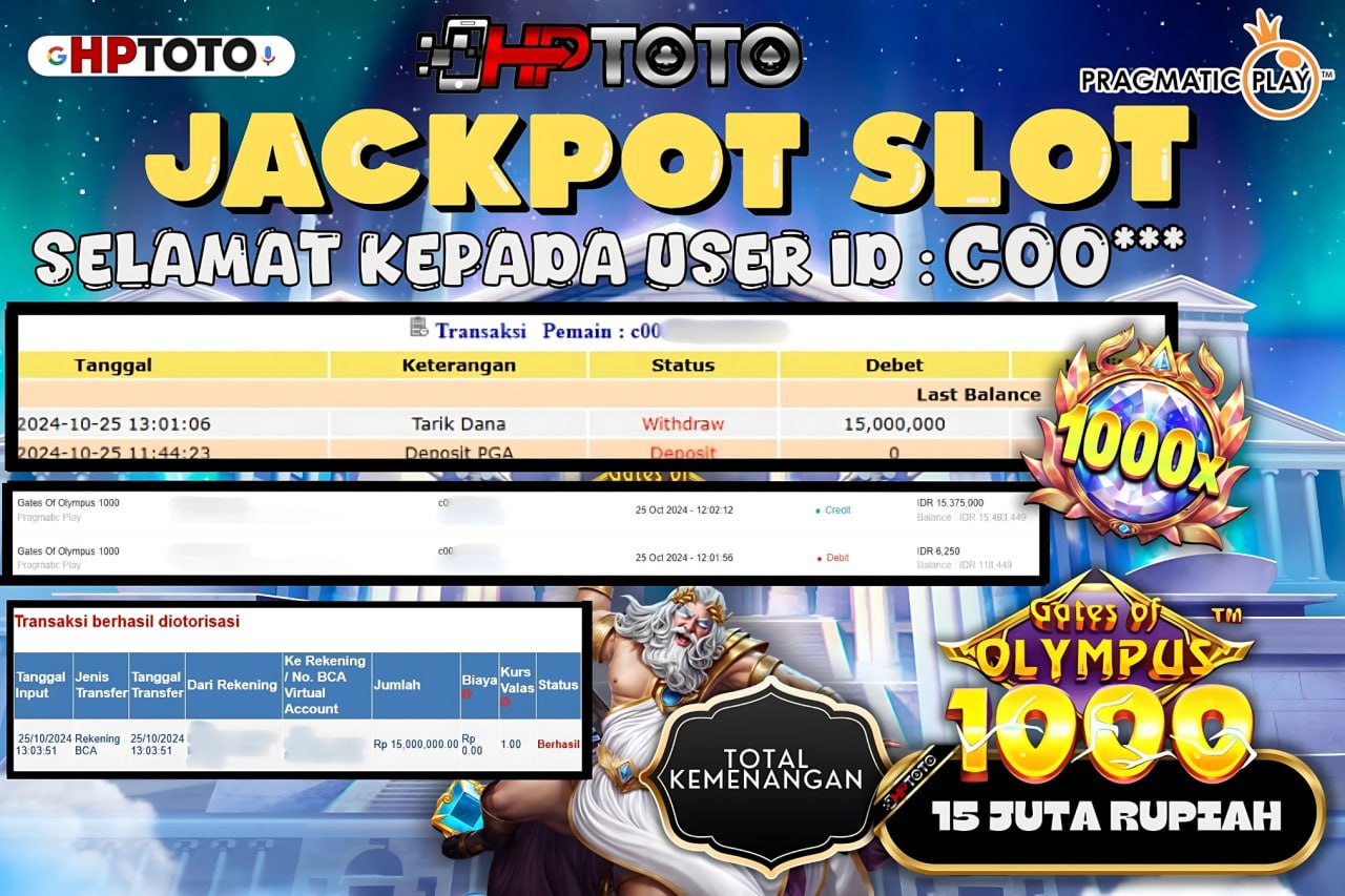  HPTOTO JACKPOT  GATES OF OLYMPUS 1000 RP.15.000.000,- LUNAS