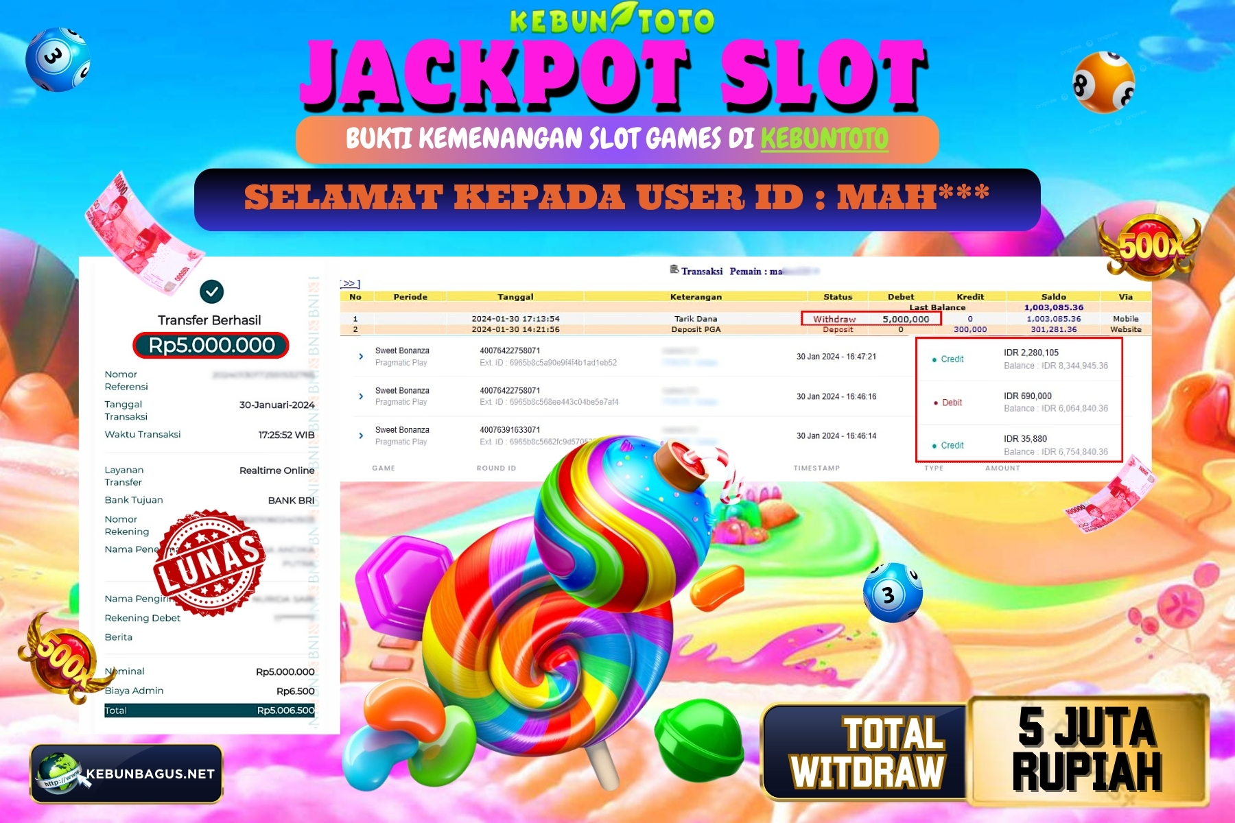 KEBUNTOTO JACKPOT SLOT SWEET BONANZA Rp.5.000.000,- LUNAS