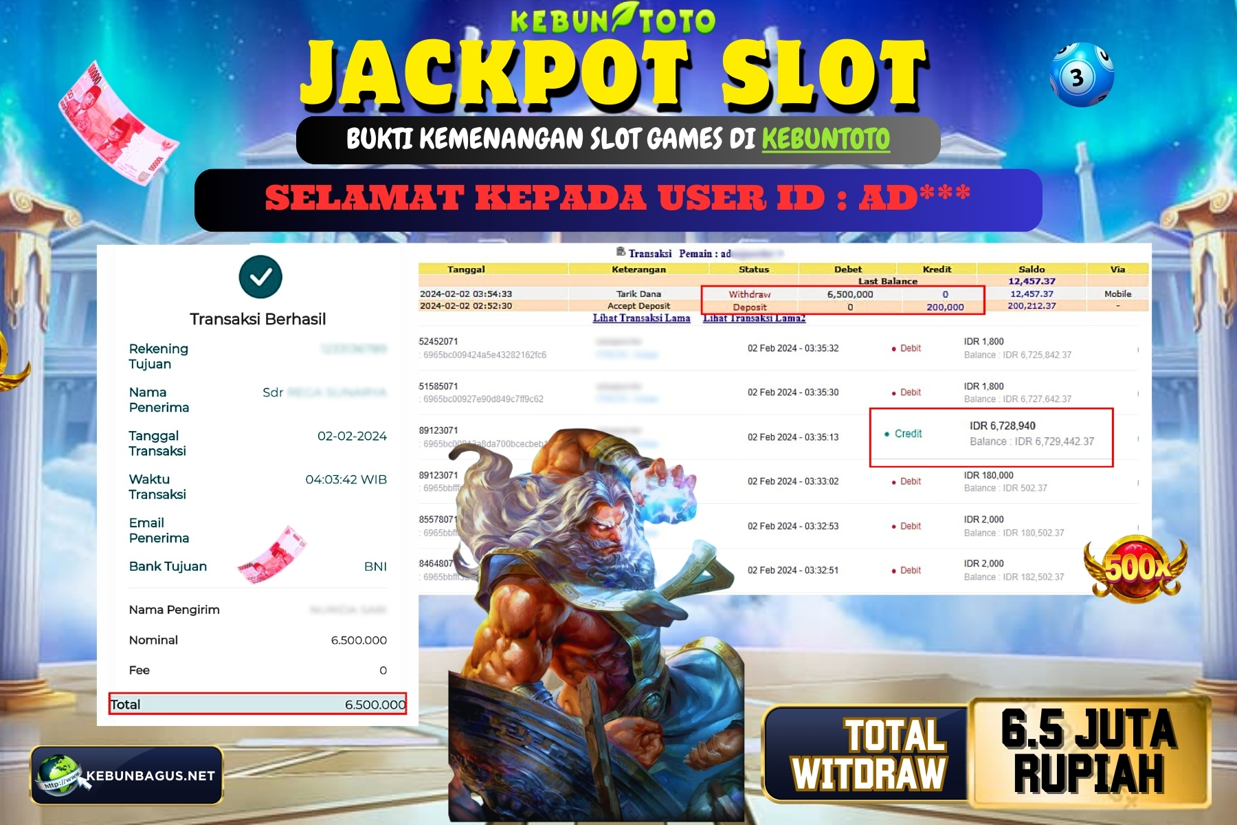 KEBUNTOTO JACKPOT SLOT  GATES OF OLYMPUS Rp.6.500.000,- LUNAS