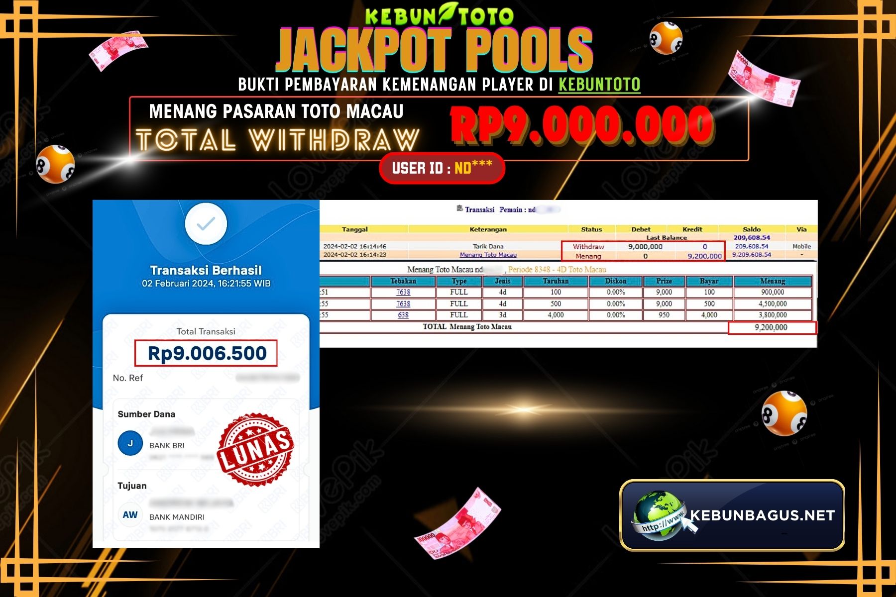 KEBUNTOTO JACKPOT TOGEL PASARAN TOTO MACAU Rp.9.000.000,- LUNAS