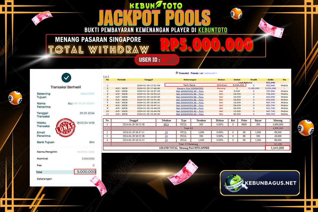 KEBUNTOTO JACKPOT TOGEL PASARAN SINGAPORE Rp.5.000.000,- LUNAS