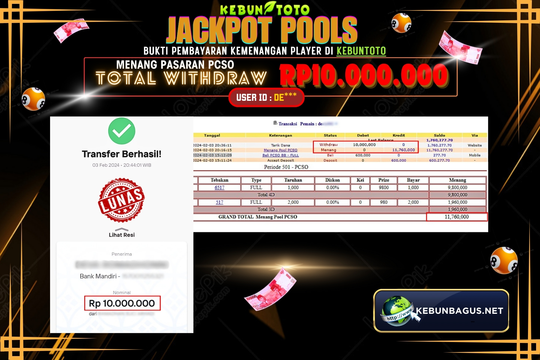 KEBUNTOTO JACKPOT TOGEL PASARAN PCSO Rp.10.000.000,- LUNAS