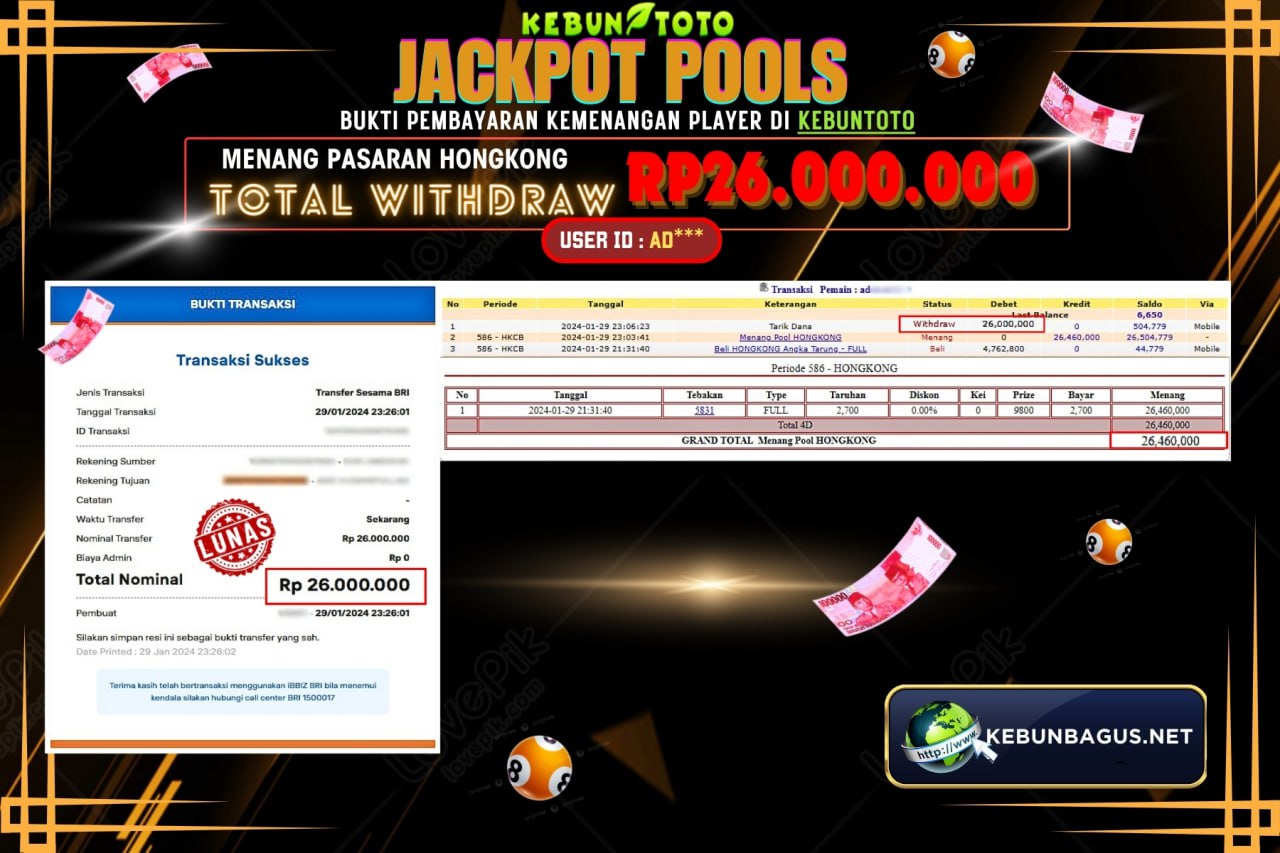 KEBUNTOTO JACKPOT TOGEL PASARAN HONGKONG Rp.26.000.000,- LUNAS