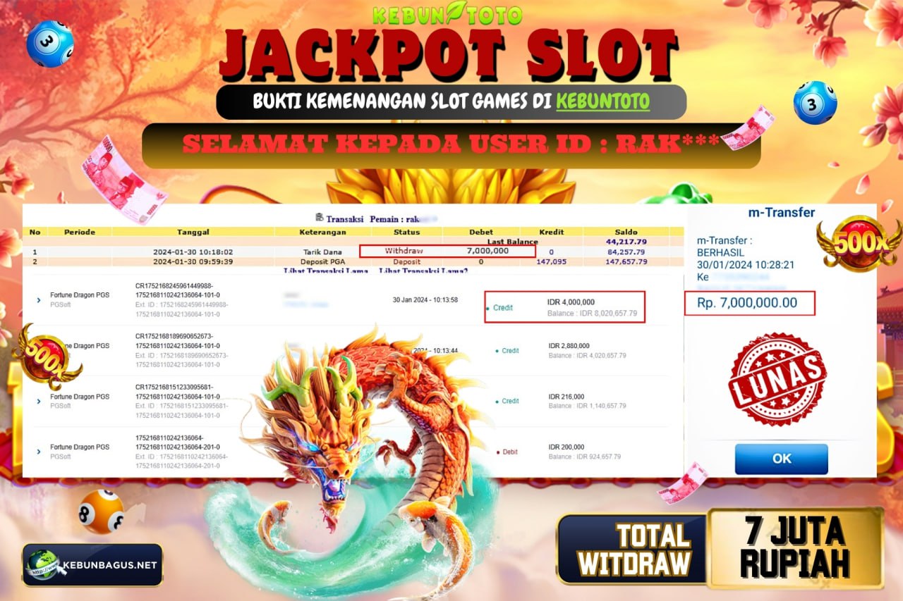 KEBUNTOTO JACKPOT SLOT  FORTUNE DRAGON Rp.7.000.000,- LUNAS