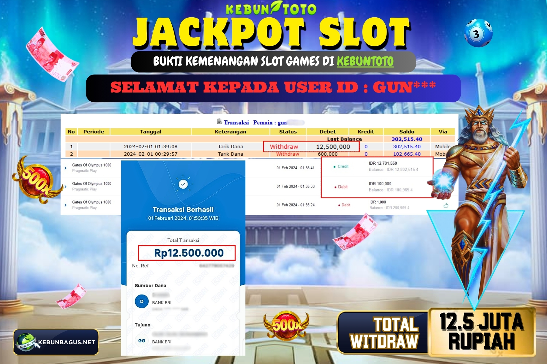 KEBUNTOTO JACKPOT SLOT  GATES OF OLYMPUS Rp.12.500.000,- LUNAS